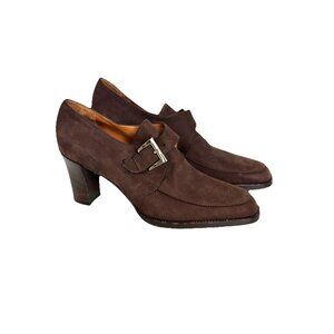 Faconnable Womens Buckle Pilgrim Shoes Brown Suede Size 6B Leather Vibram Sole